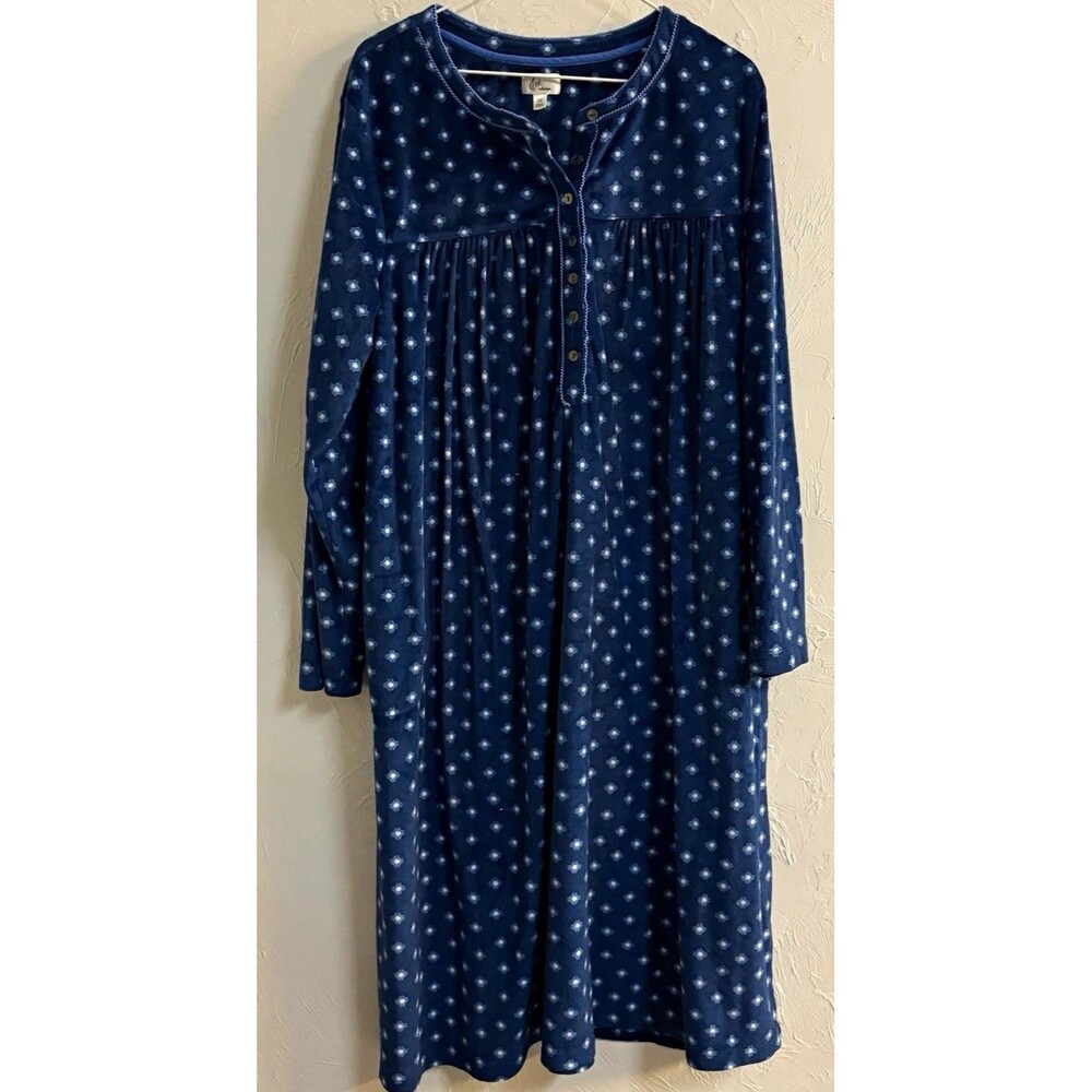 Aria Collection Women’s Nightgown Blue/White Geometric Long Sleeve Button 2X